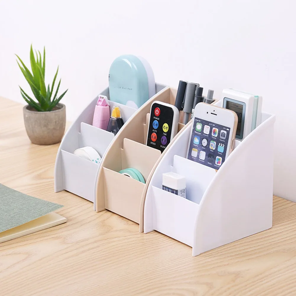 

Tabletop Storage Box Organizer TV Remote Control Holder Stationery Pen Container Plastic Ladder-shaped Three-grid Home Supplies