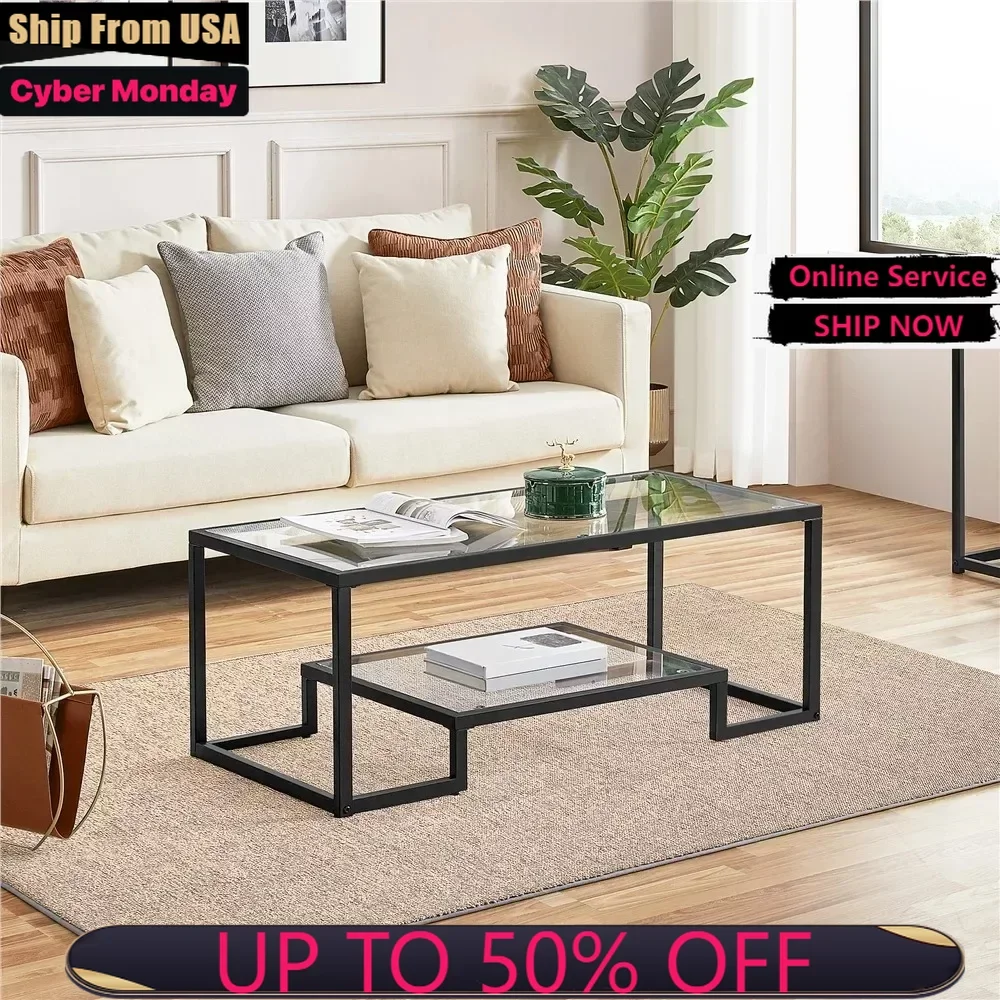 

Modern Glass Coffee Table with Metal Frame, Black