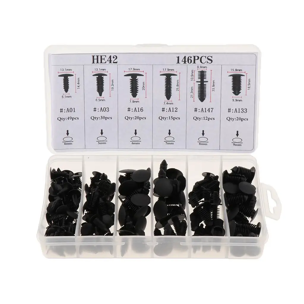 

146Pc Push Type Retainer Clips For With Plastic Storage Case 12 Sizes