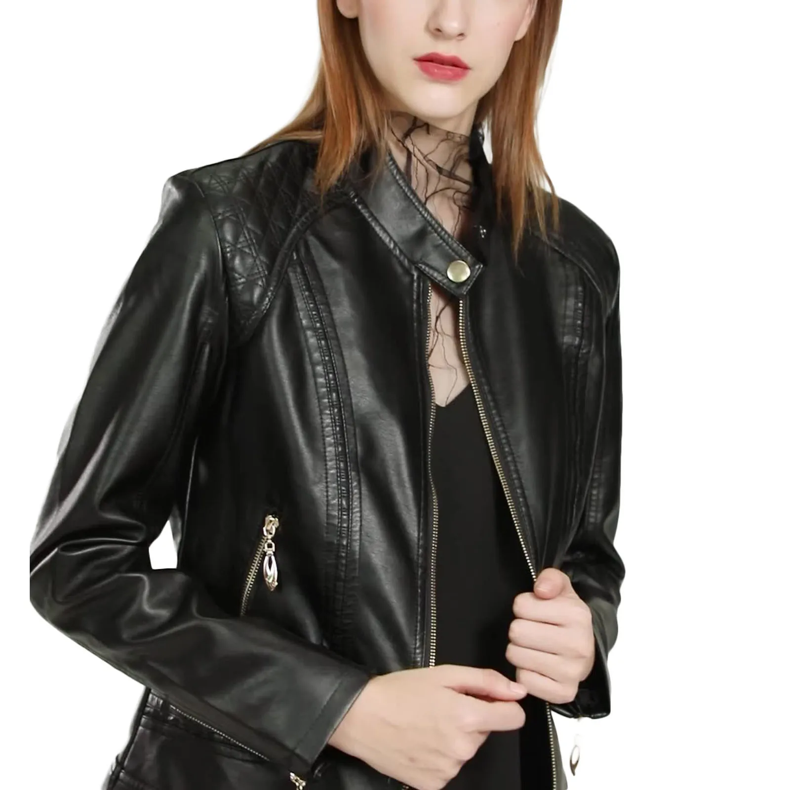 

Winter Women's PU Leather Jacket Fashion Y2K Girls Long Sleeve Plain Zip-Up Snap High Collar Moto Biker Jacket Outerwear