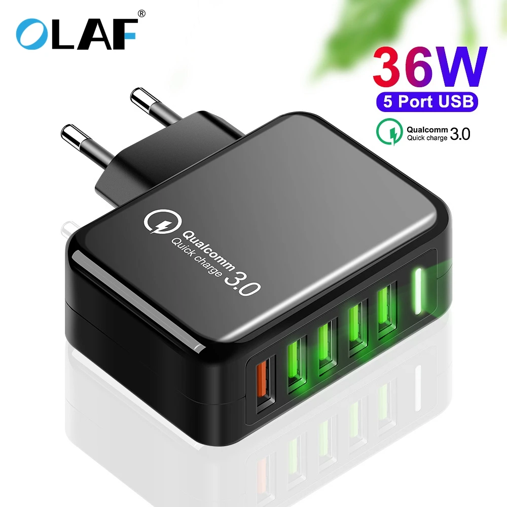 

Elough EU/US Plug Adapter 36W USB Charger 5 Port Fast Mobile Phone Charger For iphone 12 Samsung Xiaomi Huawei Quick Charge 3.0
