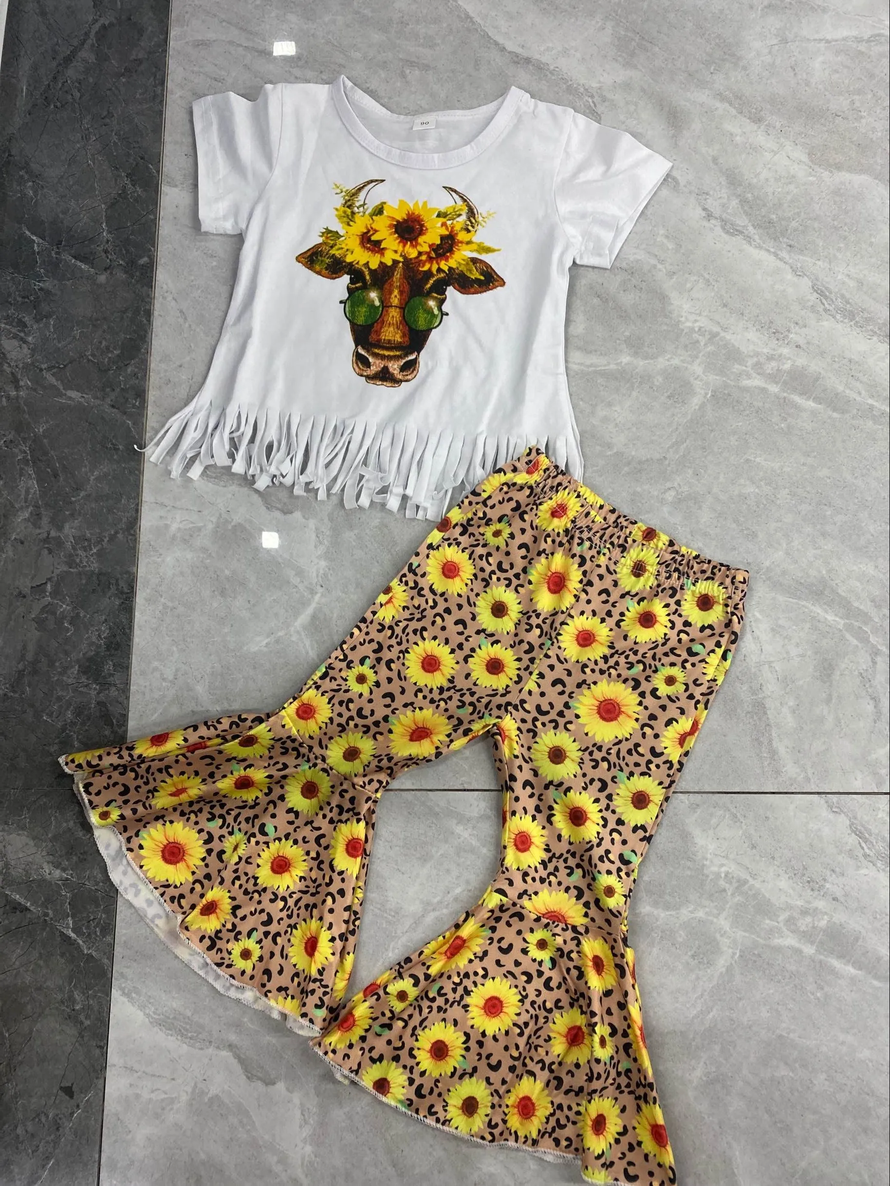 

Sedceaty Toddler Girl Pants Set Kids Short Sleeve Tassel T-Shirt Tops Sunflower Flared Pants Summer Outfits Clothing Set