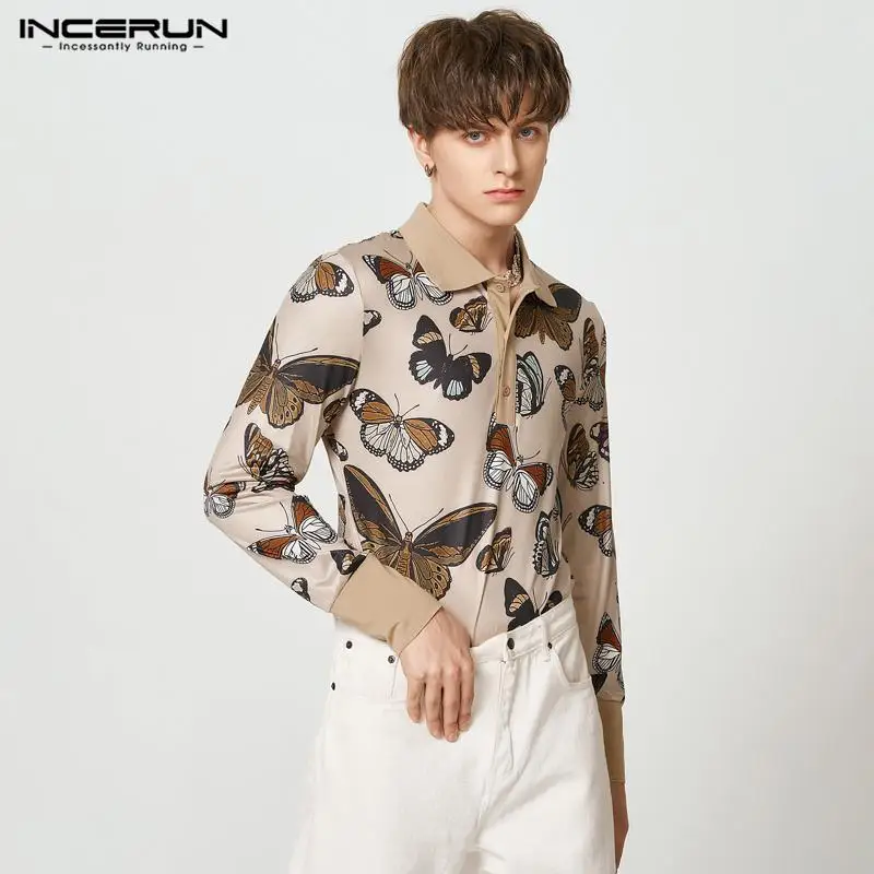 Sexy New Men Loungewear Stylish Well Fitting Bodysuit Long Sleeved Bodysuit Turn-down Collar Printing Rompers S-5XL INCERUN 2023