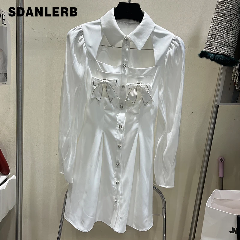 

Spring Autumn 2022 Women's Hollow Bow Dress Fashion Polo-neck Mid-length Clothing Elegant White Long Sleeve Shirt Dress