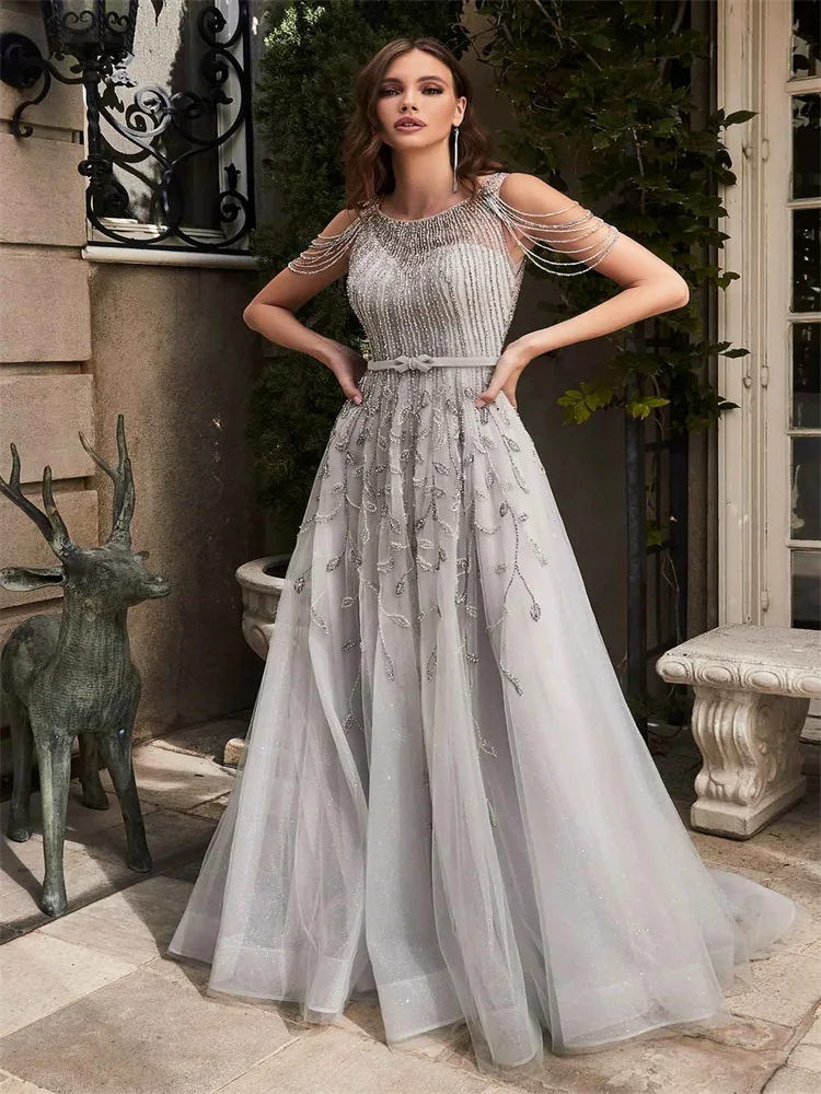 

A-Line Evening Dresses Scoop Sleeveless Floor Length Printed Bead Decoration Tulle Women Gowns Formal Occasio Prom Party Gowns