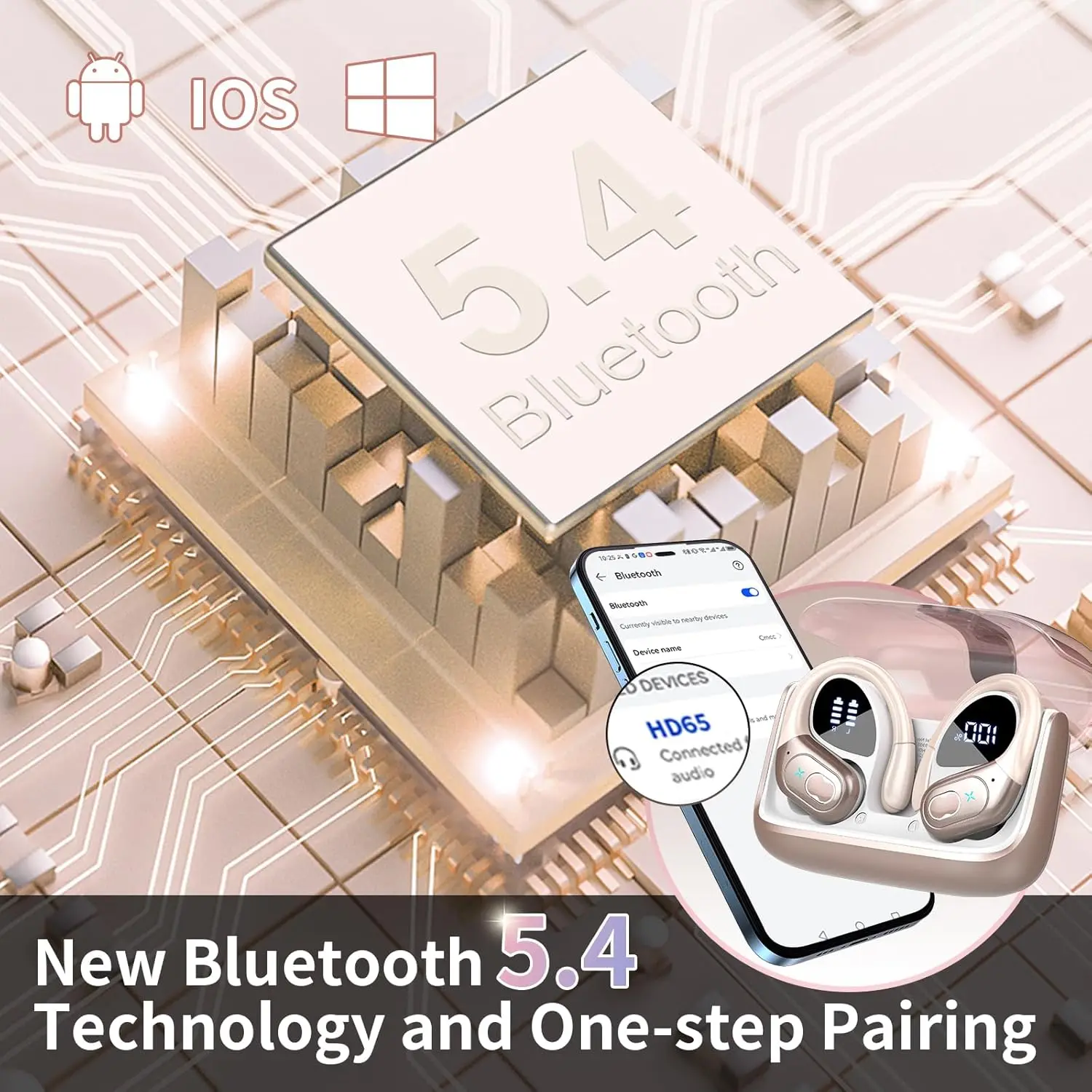 Фото Беспроводные наушники TWS Bluetooth 5.4, спортивные вкладыши с HD-микрофоном, водонепроницаемые, стереозвук, 75 часов работы для iOS/Android, горячая распродажа №4