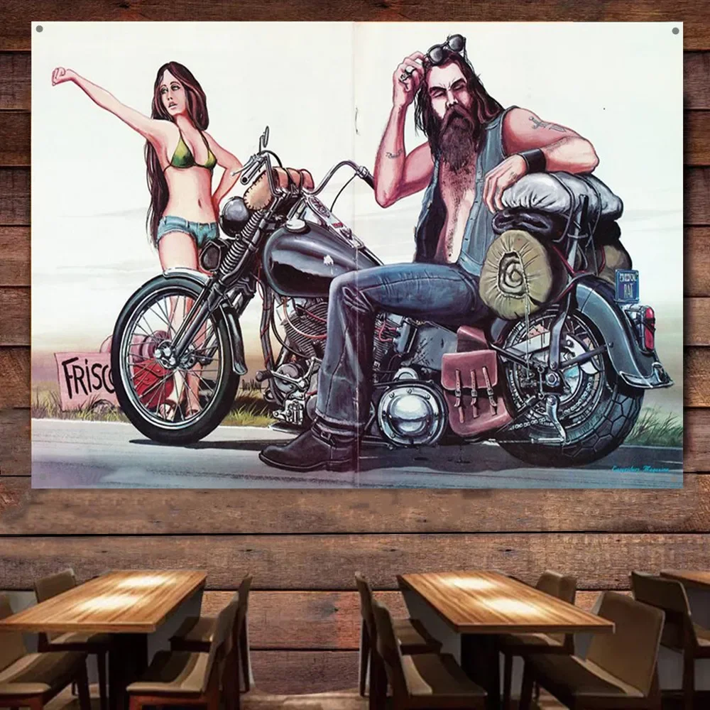 Пара путешествий на мотоцикле винтажный баннер картина для гаража газовая
