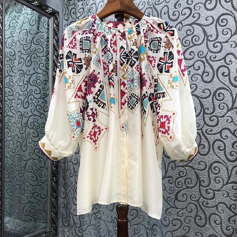 

100%Silk Blouses 2022 Summer Fashion Style Women Vintage Prints Button Front 3/4 Sleeve Casual Large Size Shirts Blouse Female