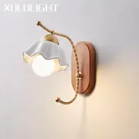 European-style Solid Wood Wall Lamp Ceramic Fabric Lampshade Bedroom Retro Bedside Aisle Decoration 7W LED Lighting Fixtures