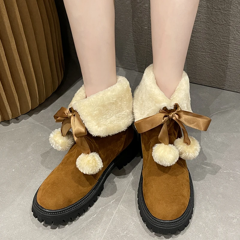 

2022 Winter Warm Fur Snow Boots Women Cute Hairballs Thick Plush Ankle Boots Female Casual Non-slip Cotton Padded Shoes Woman