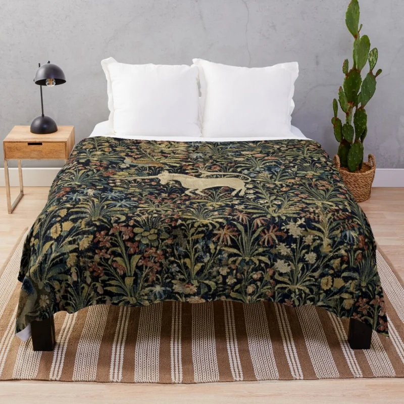 

Medieval Unicorn Midnight Floral Tapestry Throw Blanket Sofas