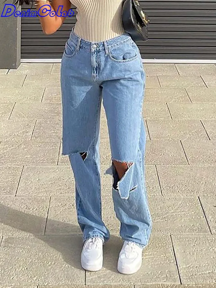 

Denimcolab 2022 Fashion Holes High Waist Straight Jeans Woman Loose Cotton Denim Pants Ladies Ripped Streetwear Jeans Trousers