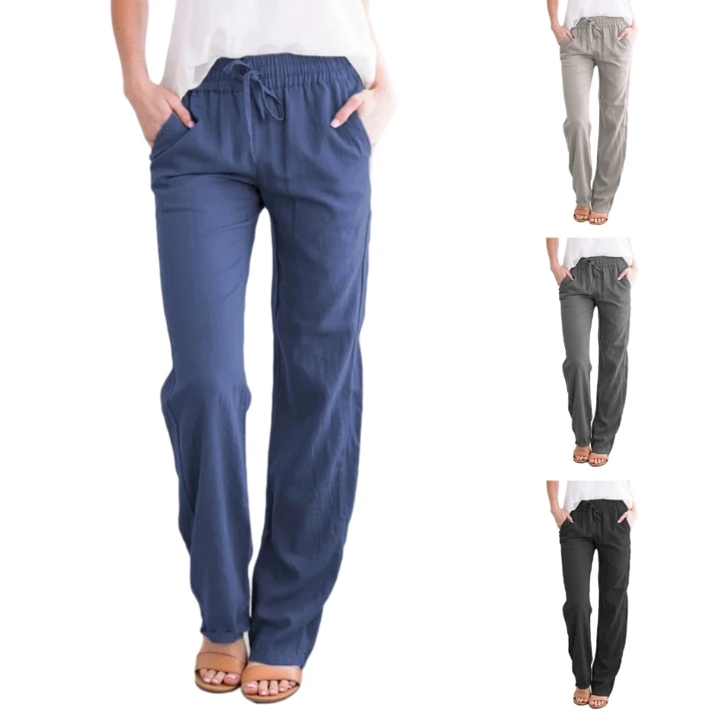

Womens Joggers Sweatpants Drawstring Elastic Waist Wide Leg Cotton Linen Pants