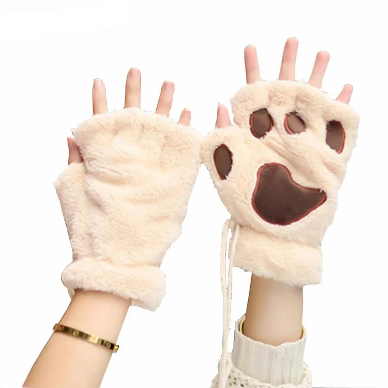 

Women Bear Plush Fingerless Warm Bear Paw Cat Claw Gloves Cute Wind Plush Half Finger Gloves for Womens Girl Black Gloves