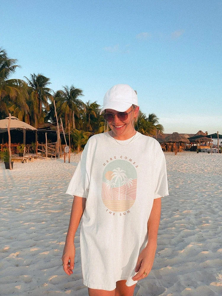 Женская хлопковая Футболка с круглым вырезом коротким рукавом и принтом