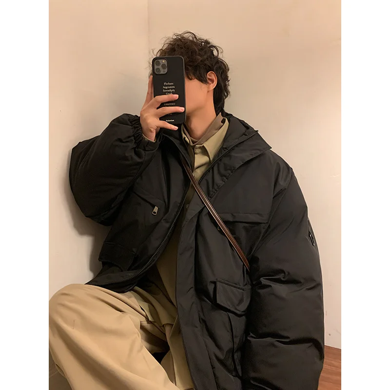 Winter Jacket Men Warm Fashion Black Red Retro Pocket Hooded Jacket Men Streetwear Korean Loose Thick Short Coat Mens Parker