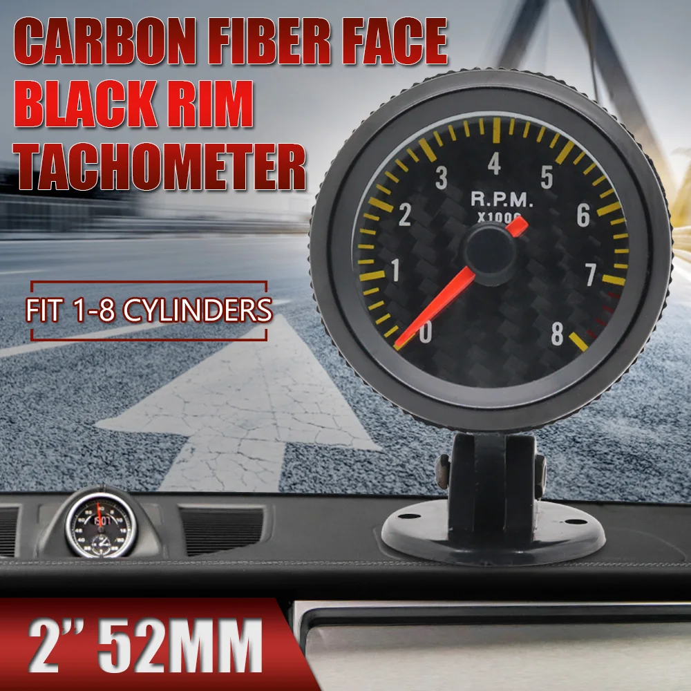 

2" 52mm Auto Car Tachometer gauge analog Carbon Fibre Face 0-8000 RPM White Background Light Black Bezel