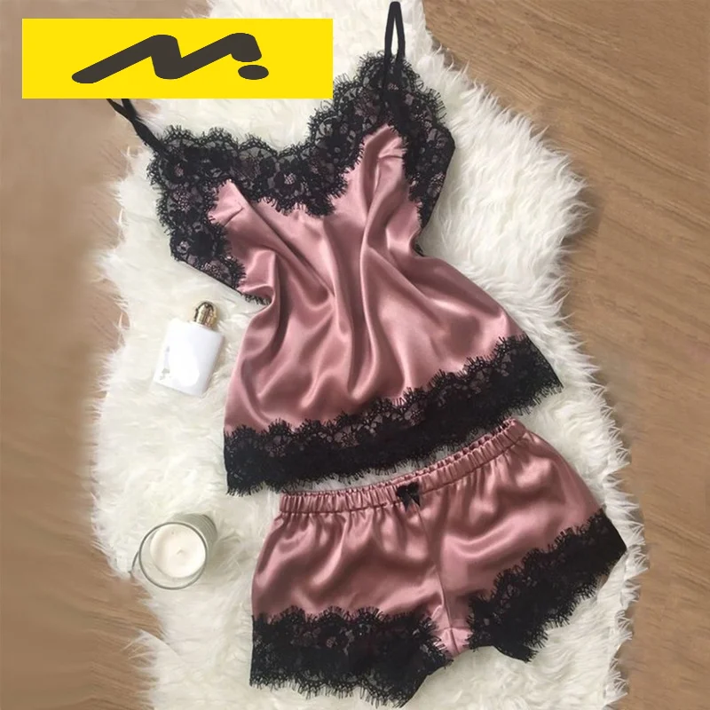 

Neon Green Women's Sleepwear Sexy Satin Pajama Set Black Lace V-Neck Pyjamas Sleeveless Cute Cami Top and Shorts