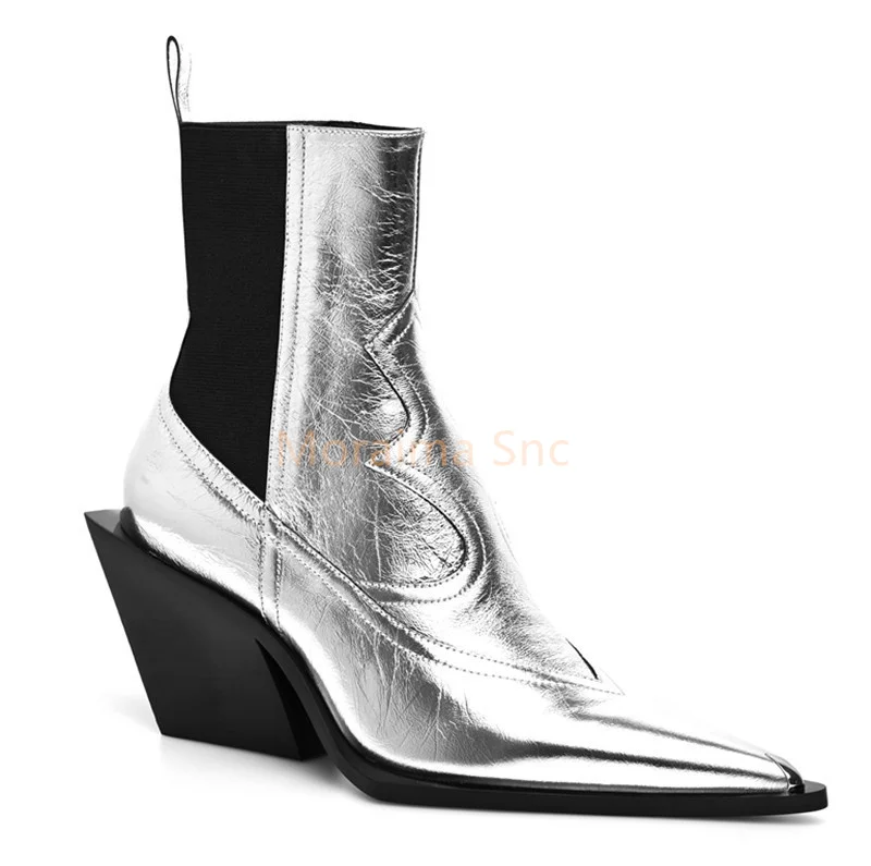 British Style Women Shoes Pointed Toe Black Wedge Chelsea Boots Chunky Heel Elastic Silver Sleeve Booties 2022 Autumn Winter