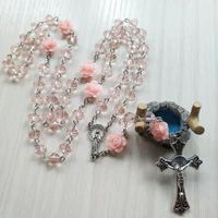 rosary alloy pink crystal rose catholic prayer beads christ jesus cross necklace for women religious pendant party gift acrylic
