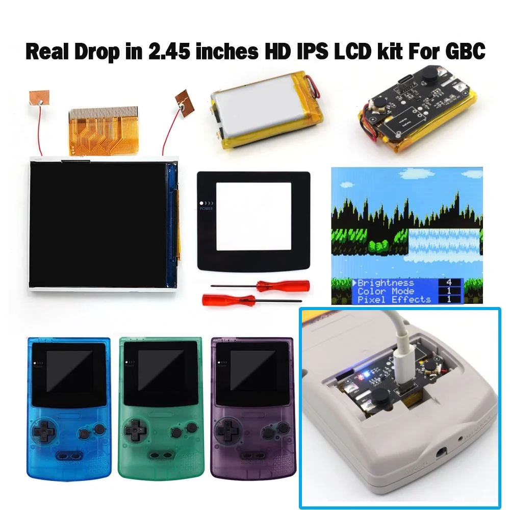 Фото Перезаряжаемый модуль для GBC с 2,45-дюймовым IPS-экраном с подсветкой, комплект для замены, простая установка, эффект пикселей OSD, не требует пайки. №1