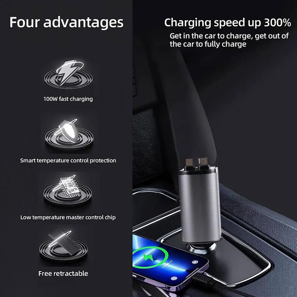 

Выдвижное автомобильное зарядное устройство 4 в 1, 100 Вт, кабель USB Type-C для IPhone, Huawei, Samsung, шнур быстрой зарядки, прикуриватель Ad T9P5