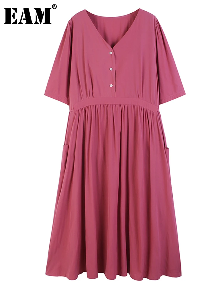 

[EAM] Women Red Pleated Long Big Size Elegant Dress New V-Neck Short Sleeve Loose Fit Fashion Tide Spring Summer 2022 1DE8326