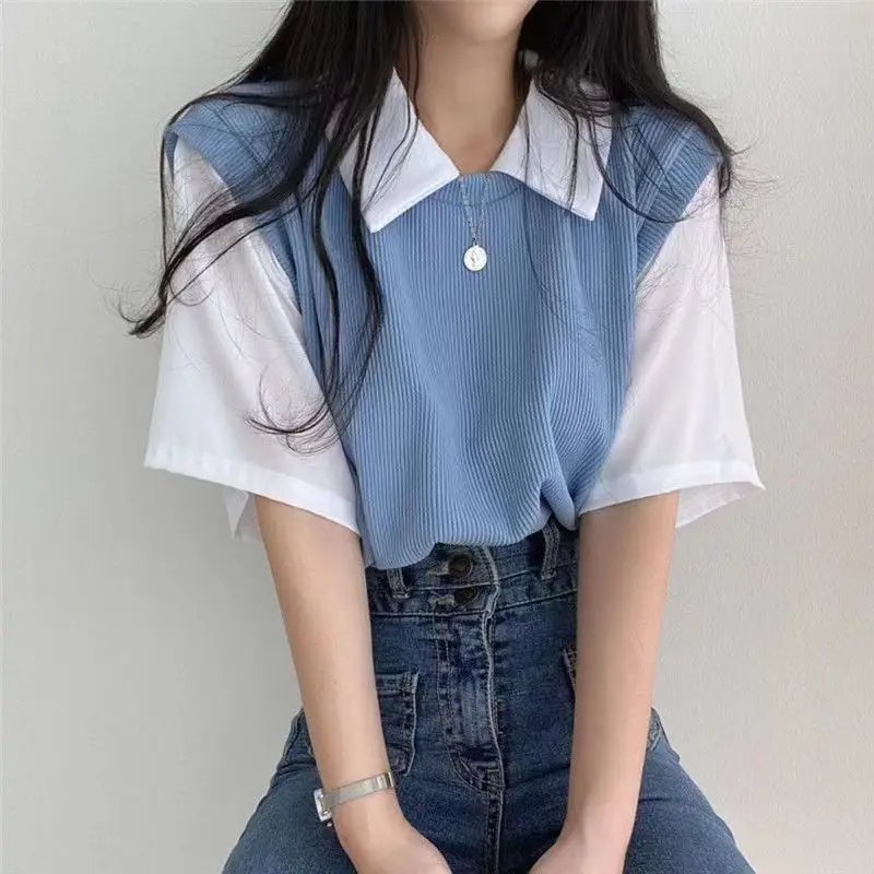 

Summer T-shirt Polo Lapel Fake Two Pieces College Style Contrast Color Short Sleeved Women Loose Fitting Casual Versatile Top