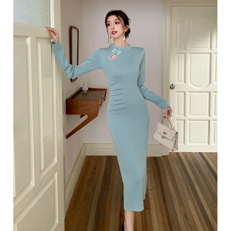 Элегантный свитер длинное платье осень/зима вязаный винтажный новый китайский