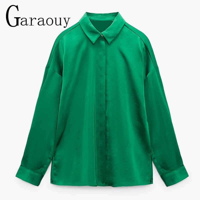 

Garaouy 2022 Autumn Women New 4 Color Satin Soft Shirt Retro Lapel Long sleeves Office Lady Work Blouse Basic Tops Blusas Mujer