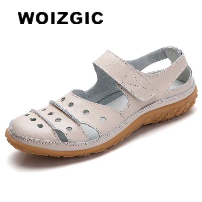 WOIZGIC Mother Women's Female Ladies Genuine Leather White Shoes Sandals Hook Loop Summer Cool Beach Hollow Soft LLX-9566