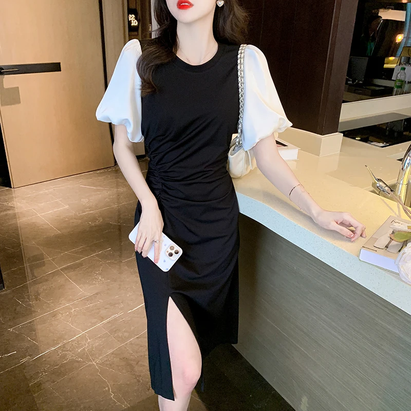 

Women's Summer Dress Black Elegant Folds Casual Dresses Puff Sleeve Office Lady Patchwork Slit Long Dress for Women 2023 New