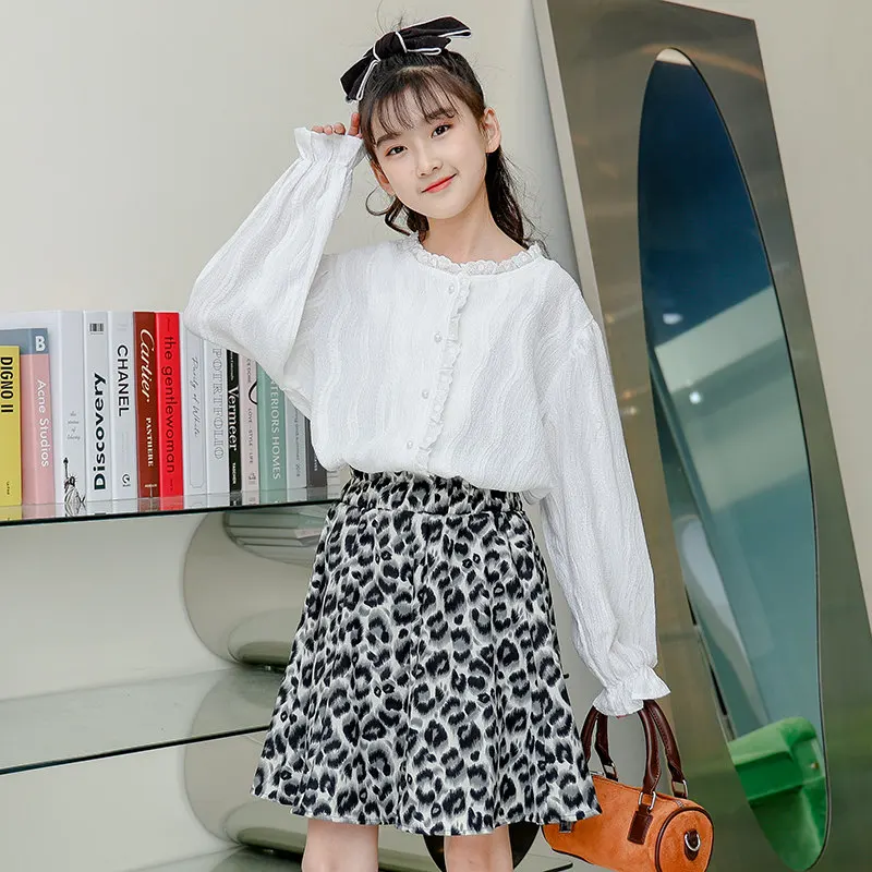 

Kids Girl Clothing Sets White Shirts and Skirt with Leopard Print Two Pieces/Suits Korean Girls Children's Costume 4-13Years Old