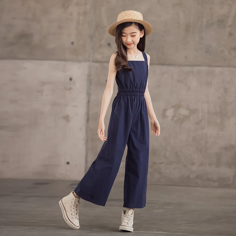 

2023 Summer New Medium and Large sized Children's Korean style Western style shoulder strap jumpsuit girls' casual wide leg pant