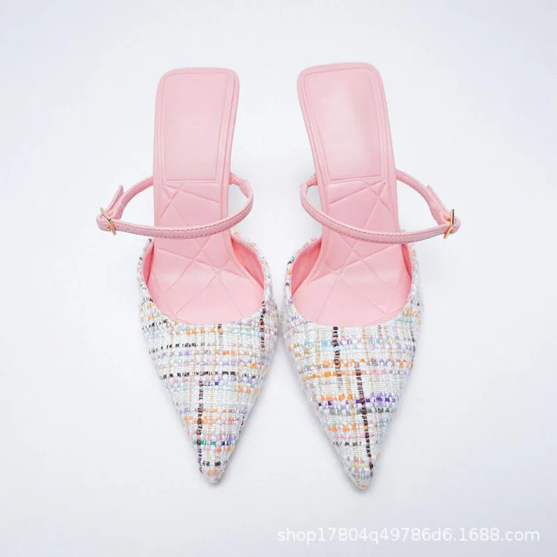 

Pink Muller High Heels Pointed Toe Stiletto Sandals Women Open Toe Sandals Outer Toe Stilettos Semi-slip Sandals Women Sandals