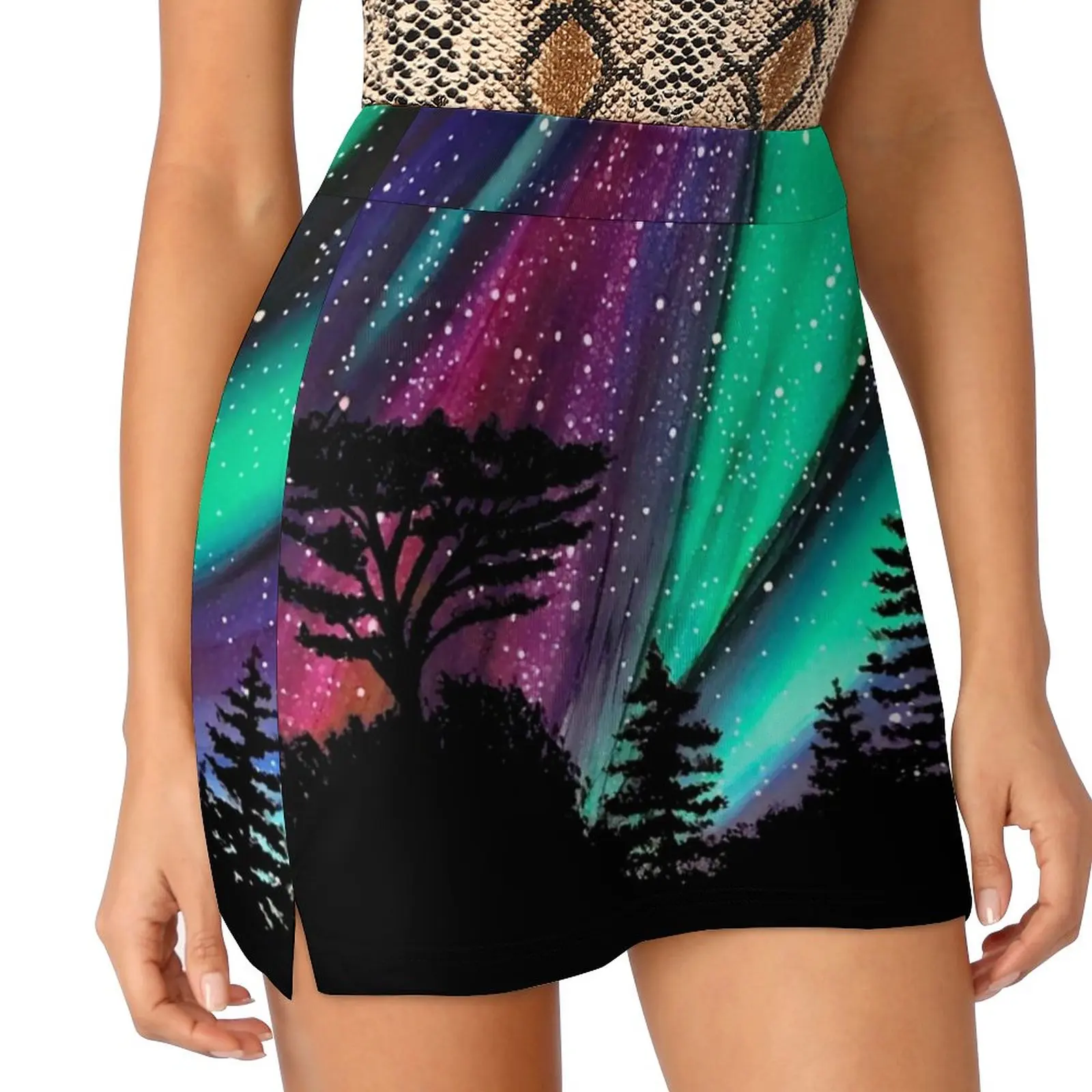 

Winter Night Sky Skirt Lady Northern Lights Print Elegant Mini Skirts High-waist Trendy Streetwear Casual Skirt Big Size 3XL 4XL