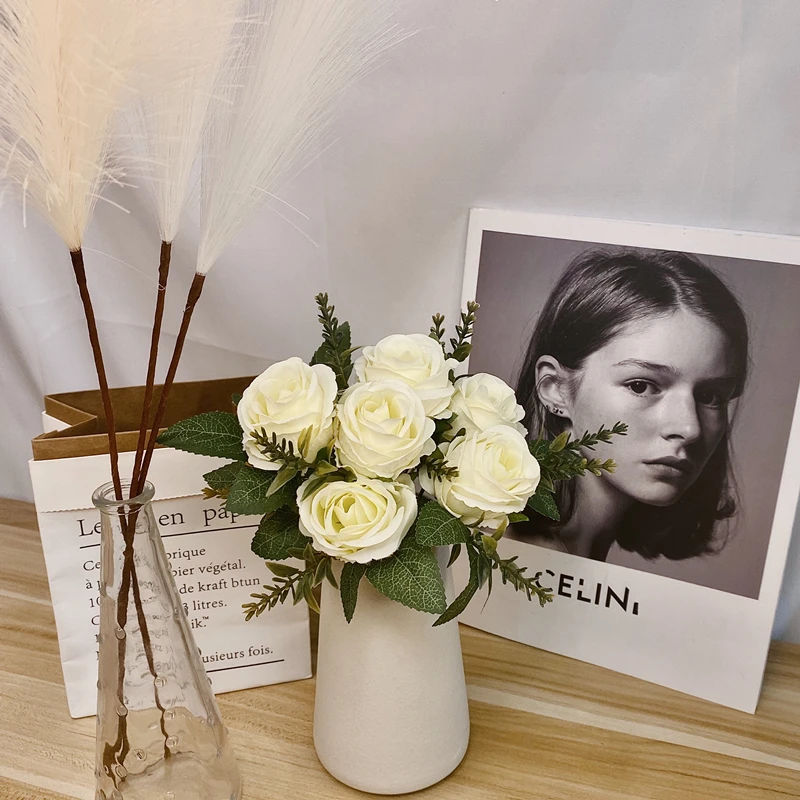 

Artificial Flowers Silks Rose High quality White Bouquet Pink Flowers for Wedding Party Festival DIY Gift 6 Heads DIY Home Decor