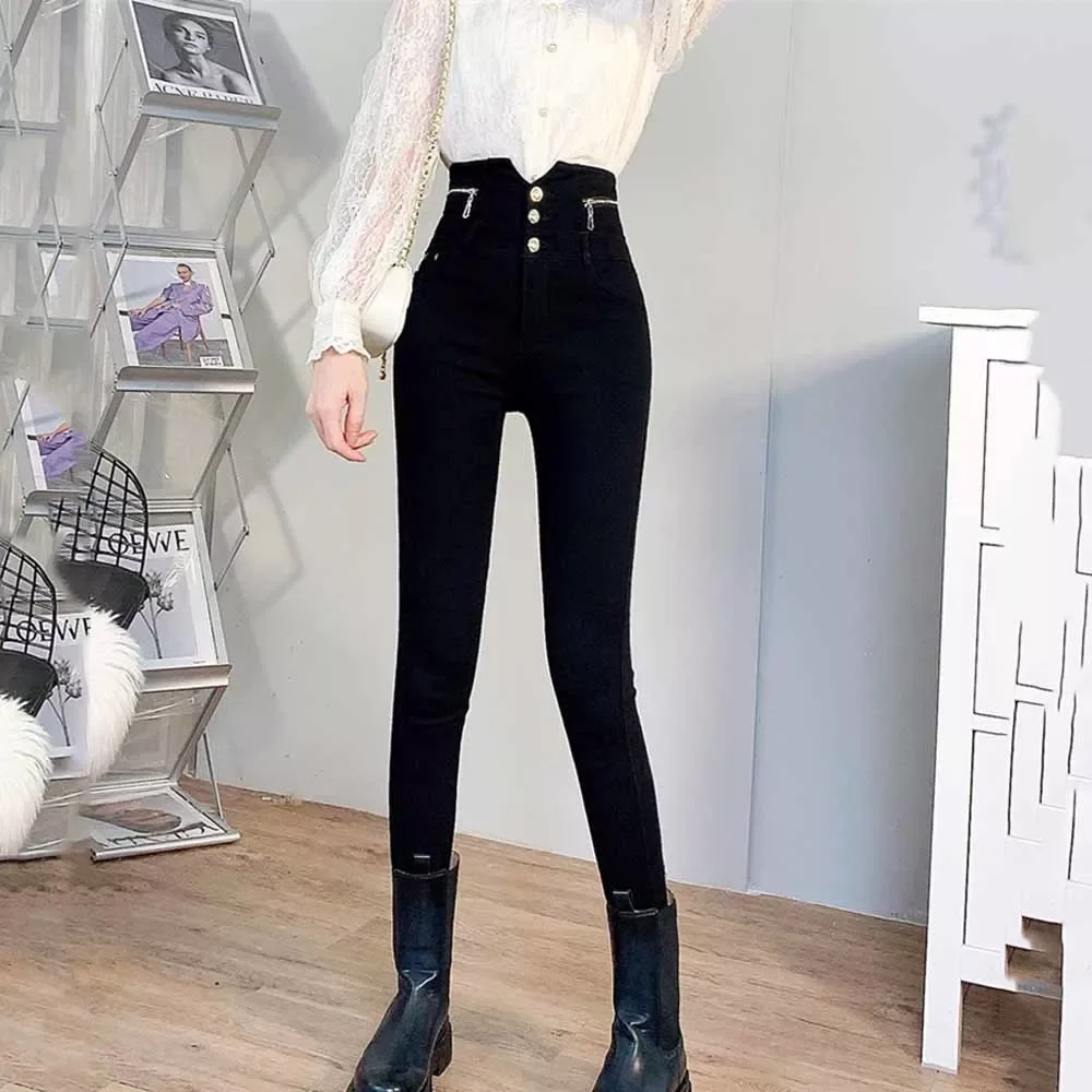 

2022New New Spring Autumn New High Waist Tight Fitting Slim Zipper Decoration Stretch Black Pencil Pants Women