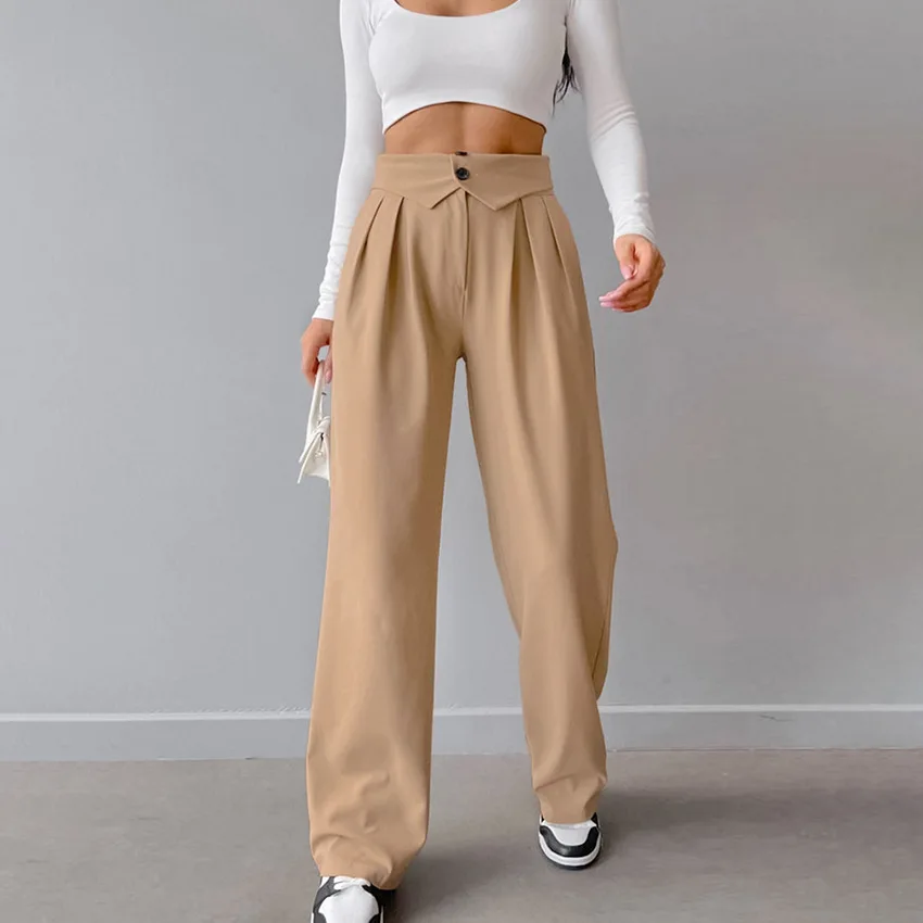 

2023 New Spring Summer Solid High Waist Folds Button Trousers Women Casual Pleated Baggy Pants Casual Office Ladies Long Pants