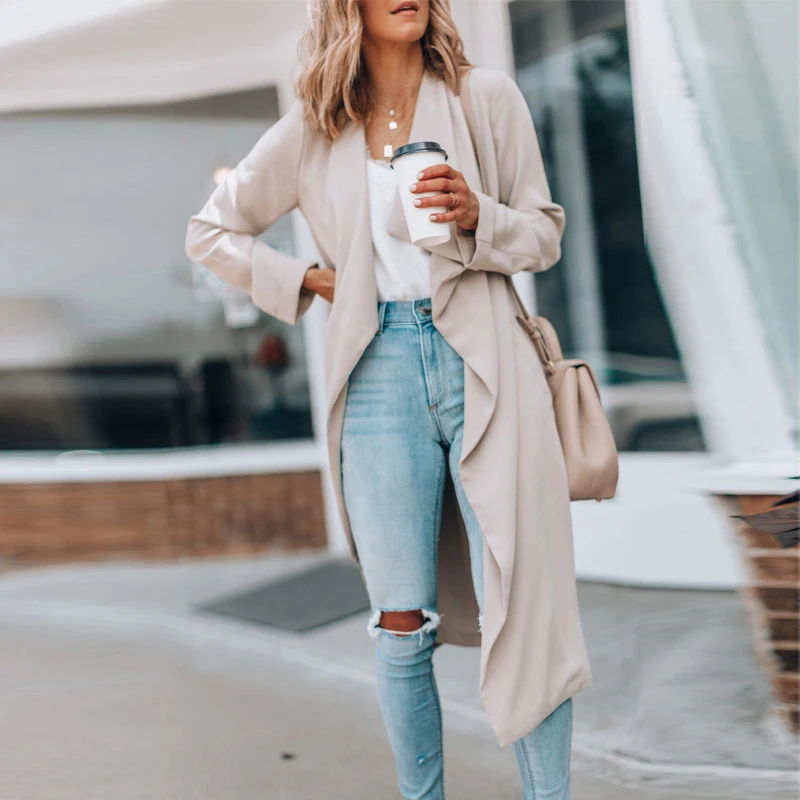 

Women Casual Solid Long Sleeve Cardigan Coat Elegant Lapel Loose Long Windbreaker Autumn Spring Fashion Commute All-match Jacket