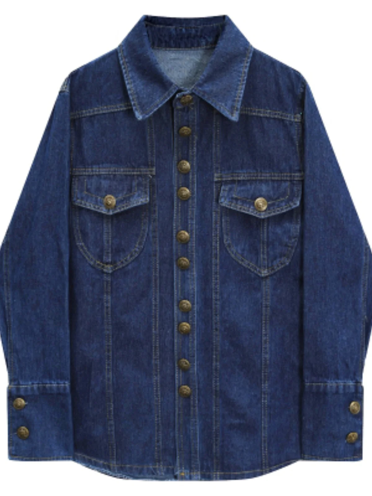 Весенне-осенняя гонконгская рубашка в стиле ретро темно-синяя джинсовая для