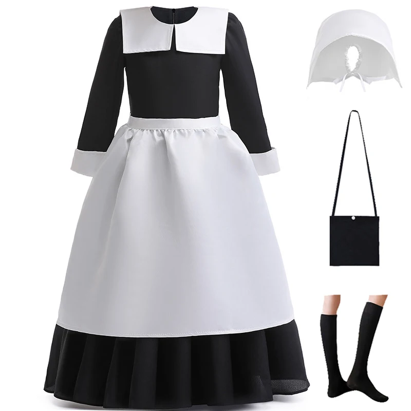 

Однотонное платье с отложным воротником и длинными рукавами для девочек 3-12 лет, костюм горничной на Хэллоуин, Костюм официантки для выступления в среду + шляпа