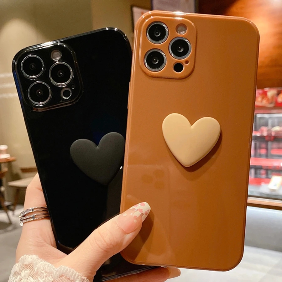 

For iPhone 13 12 11 Pro Max X XR XS 7 8 Plus SE2020 Cute 3D Patch Love Heart Phone Case Candy Color Glossy Soft TPU Cover