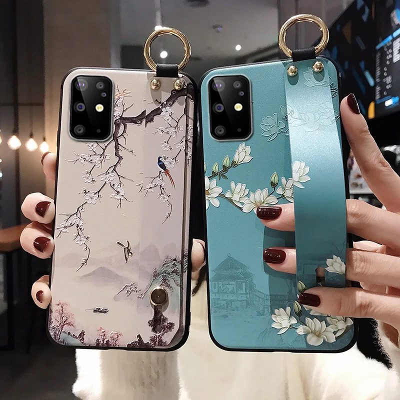 

for Huawei P40 Pro P50 P30 P20 Mate 20 Lite Honor 50 70 20 9X P Smart Z Nova 5T Case Flower Wristband Phone Holder Silicon Cover