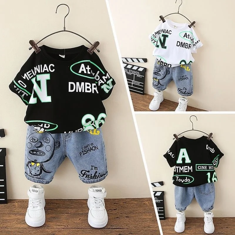 

Set Boys Clothes 2-10 Year Letter Black White Boys T-shirt Doodle Elastic Waist Kids Shorts Summer Handsome Boys Two-piece Set