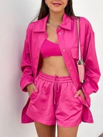 women solid satin shirt with mini shorts two pieces set female fashion casual long sleeve outfits 2022 summer blouses tracksuits