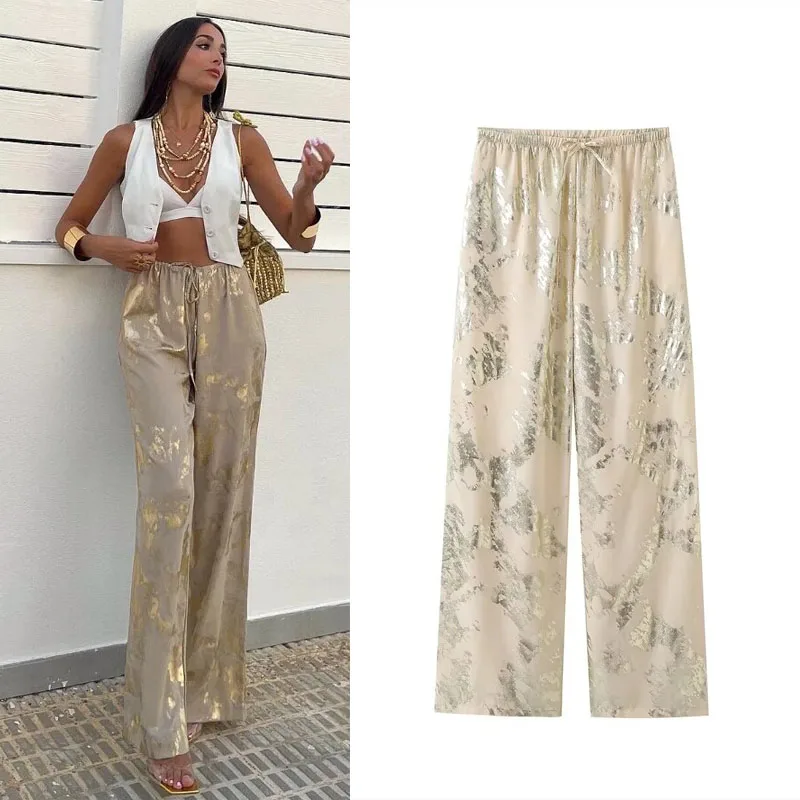 

Брюки TRAF женские с металлическим принтом, модные элегантные свободные эластичные штаны со средней талией, с широкими штанинами, осень 2023