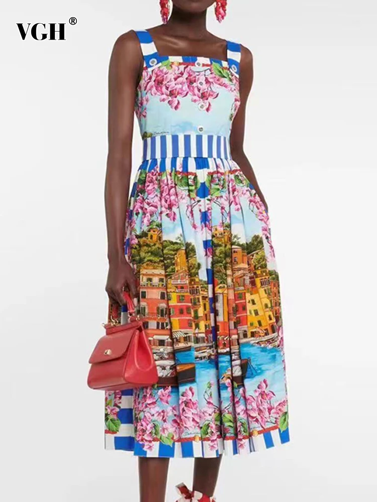 

VGH Hit Color Printing Vintage Dresses For Women Square Collar Sleeveless High Waist Patchwork Button Camisole Dress Female New