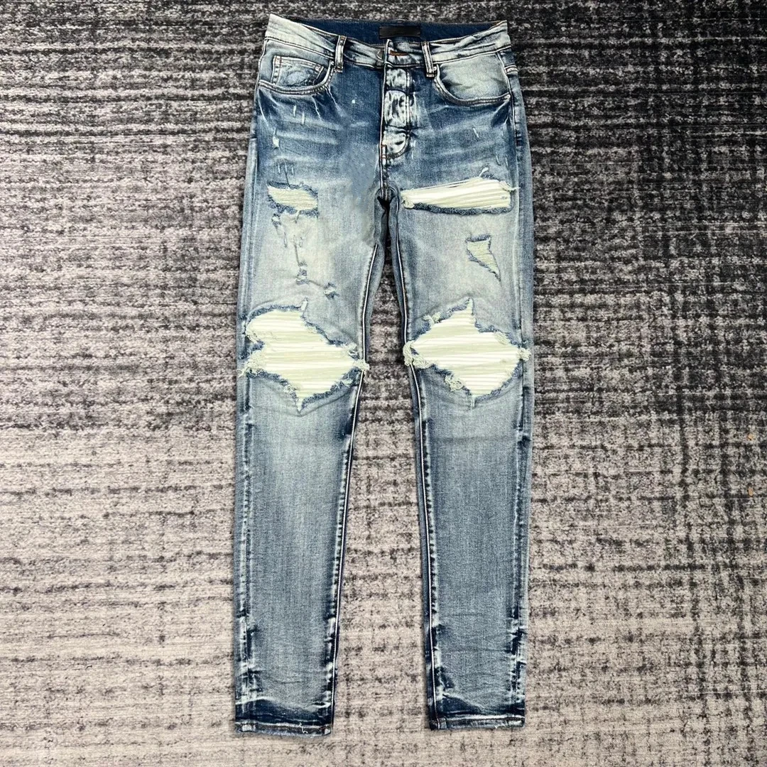 

Мужские рваные джинсы, синие и белые рваные джинсы в стиле high street, облегающие кожаные джинсы с дырками, 2019