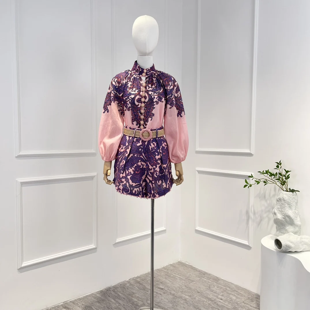 

High Quality Ramie Linen Pink Purple Floral Printing Spring Summer 2023 Beading Blouse Shorts Matching Set Women